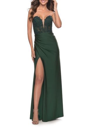 La Femme Long Dress with Jersey Skirt and Lace Illusion Bodice in Dark Emerald at Nordstrom, Size 14