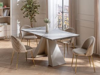 Vente-Unique Tavolo da pranzo allungabile da 6 a 10 coperti in Ceramica e Metallo Effetto marmo Bianco e Beige - LOZIPA di Pascal MORABITO