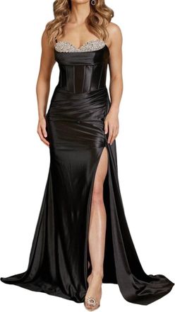 Nox Anabel Fitted Satin Beaded Sleeveless Slit Gown In Black
