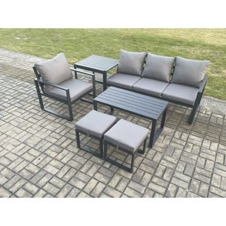 Fimous Fimous Aluminium 6 Pieces Garden Furniture Sofa Set with Cushions 6 Seater Outdoor Patio Set with Armchair 2 Small Footstools Side Table Dark Grey