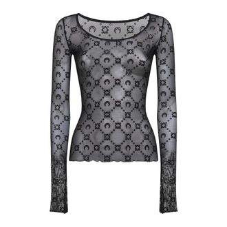 Marine Serre Long Sleeve Tops, female, Black, Size: L Moonogram Mesh Flock Second Skin Highneck Top