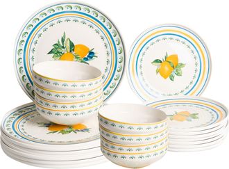 Beliani Vajilla De 24 Piezas De Porcelana Acabado Esmaltado Con Motivo De C&iacute;tricos Y Limones Para 8 Personas Comedor Cocina Blanco Y Verde Tarragon