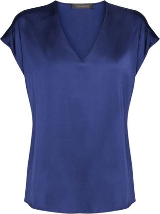 Elena Miro V-hals satijnen stretch blouse - Dames - Blouses - Blauw - XL - Satijn - Overhemden