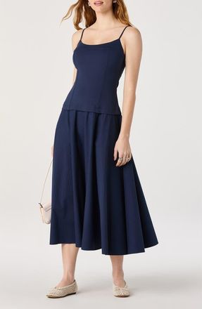 ASTR the Label Cierra Mixed Media Fit & Flare Midi Dress in Navy at Nordstrom, Size X-Large