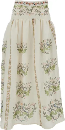 Agua Bendita White Curua Floral Linen Skirt