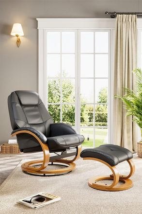 H&O Direct Modern Style Leather Soft Recliner with Footstool in Black