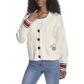 Tommy Hilfiger Womens Boxy Varsity Cable Cardigan, Ivory Multi, XL