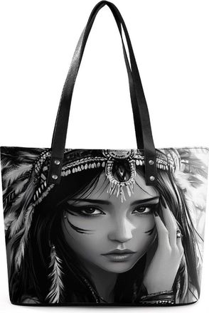 Generic Black And White A-mericans Native Indian Woman Tote Bags for Women Cute Shoulder Purses Handbags