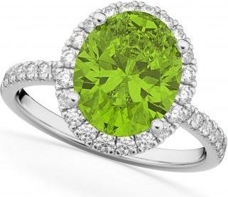 Allurez Oval Cut Halo Peridot & Diamond Engagement Ring 14K White Gold 3.01ct