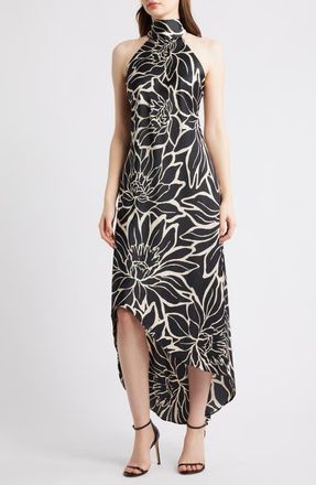 CeCe by Cynthia Steffe Floral Mock Neck Stretch Satin Dress in Rich Black at Nordstrom, Size 8