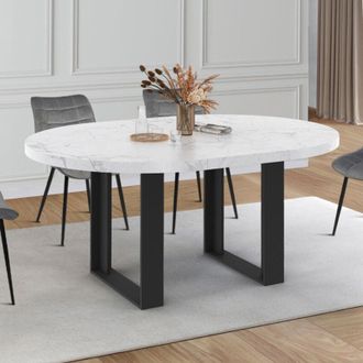 IDMarket Mesa De Comedor Redonda Extensible Para 4-6 Personas Phoenix Con Tablero Efecto M&aacute;rmol Blanco Alaska 110-150 Cm