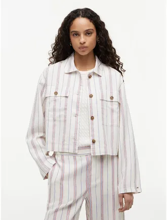 Tommy Hilfiger Womens Linen-Blend Cropped Shirt Jacket - Ecru/Multi Stripe - XXL