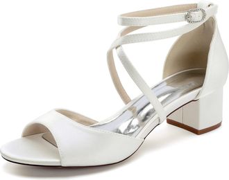 Generic Womens Block Heels Wedding Shoes Satin Bridal Low Heels Shoes Open Toe Ankle Strap Party Dress Heels Sandals 4.5Cm,Ivory,10 UK