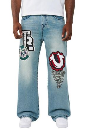 True Religion Vinny Patch Big T Flap Wide Leg Jeans in Shattered Medium Indigo Wash at Nordstrom, Size 32