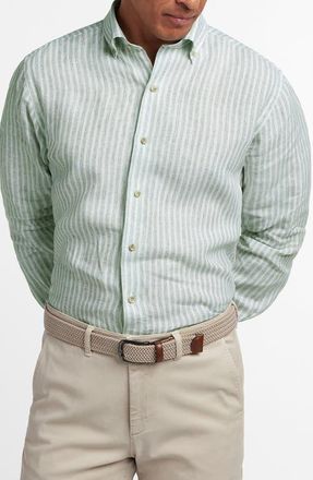 David Donahue Linen Stripe Sport Shirt in Sage at Nordstrom, Size Xx-Large