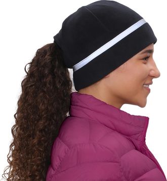 TrailHeads Womens Ponytail Hat | Reflective Cold Weather Running Beanie | Hat for Running, Hiking, XC Skiing - Black