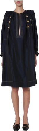 Givenchy Kleedjes, Dames, Blauw, S, Katoen, Midi Jurk Met Details Aan De Voorkant 4G Gouden Knopen