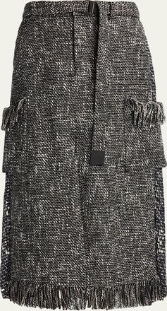 sacai Mixed-Media Tweed Belted Midi Skirt