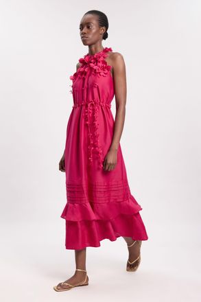 Karen Millen Womens Floral Applique Woven Halter Tier Maxi Dress - Fuchsia - Size 12 UK