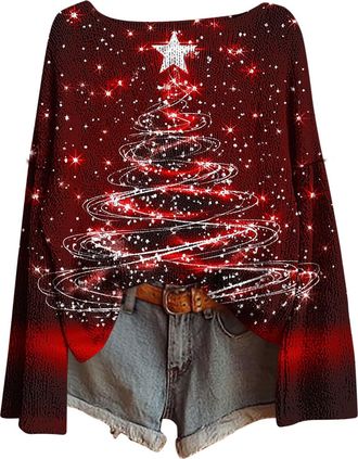 Generic plus size christmas jumper Womens Christmas Tree Sweatshirts UK Long Sleeve Novelty Funny Print Jumper Oversized Crewneck Xmas Holiday Casual Shirts F
