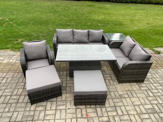 Fimous Rattan Outdoor Furniture Garden Dining Set Patio Height Adjustable Rising lifting Table Reclining Chair Sofa With 2 Big Footstool in Dark Grey