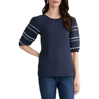 Jones New York Rickrack Puff Sleeve Stretch Cotton Top in Pacific Navy/Natural White at Nordstrom, Size X-Large