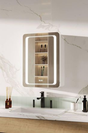 Living and Home O-Shaped LED Anti-Fog Storage Mirror Cabinet with Sensor Switch and Clock in Silver