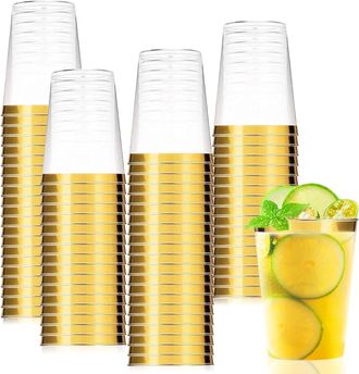 OEM Gobelets - 280 Ml - Poliestireno Sin Bpa - Borde Dorado Texturizado - Para Fiesta Boda C&oacute;ctel - 50 Unidades