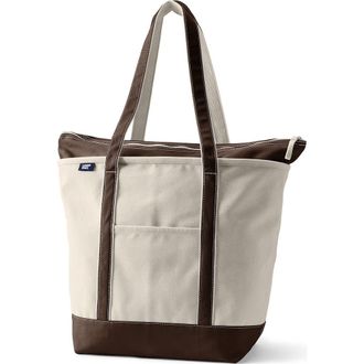 Lands End Zip Top Long Handle Canvas Tote Bag in Natural/brown Root at Nordstrom, Size Medium