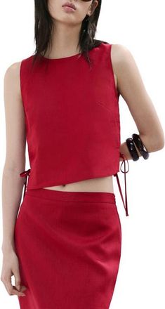 Mango Side Bow Sleeveless Linen Top in Red at Nordstrom, Size Xx-Small