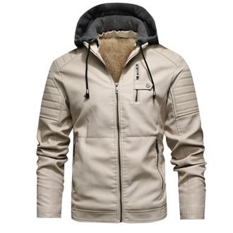 Generic Mens Leather Jackets Motorcycle Motorbike Biker Winter Jacket Sherpa Fleece Lined Long Sleeve Casual Hooded Vintage Jacket PU Faux Leather Coat Leathe