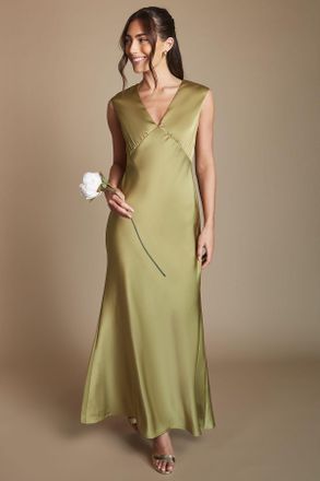 Oasis Womens Olive Satin Open Back Detail Maxi Bridesmaid Dress - Green - Size 12 UK