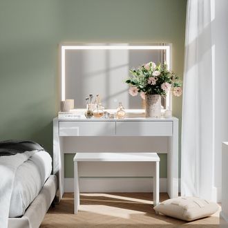 Vicco Tocador Annabelle, Blanco Alto Brillo/blanco, 110 Cm Con Espejo Led Y Banco