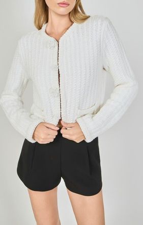 endless rose Beaded Flower Embellishment Cable Knit Pointelle Sweater in White at Nordstrom, Size X-Small
