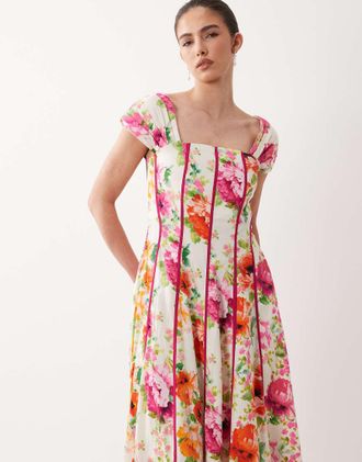 Hope & Ivy Vestito midi a fiori con dettaglio stile corsetto-Rosa