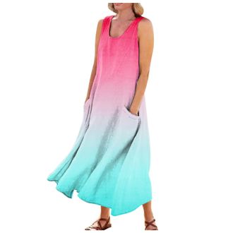 Generic Summer Shift Dresses Casual Gradient Print Round Neck Sleeveless Dresses Maxi A Line Beach Dress with Pockets Shirt Dress Ladies (Hot Pink, 4XL)