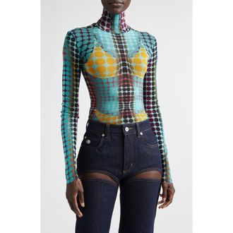 Jean Paul Gaultier Re-Edition Polka Dot Trompe lOeil Long Sleeve Mesh Top in Blue/Purple/Yellow at Nordstrom, Size X-Large