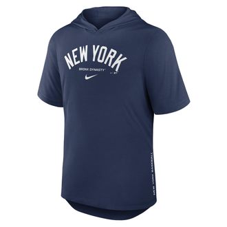 Nike New York Yankees Arched Wordmark Nike Mens Dri-FIT MLB Hooded T-Shirt in Blue | 03NB44BNK-6XV