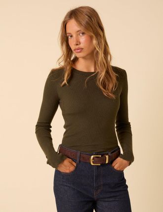 Nobody's Child Khaki Green Rib Knitted Long Sleeve Top