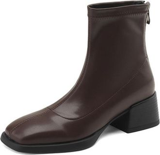 Generic Womens PU Leather Square Toe Ankle Boots Side Zipper Chunky Block Heels Sleek Slip On Structured Stitching Soft Lining Durable Outsole,Brown,4.5 UK