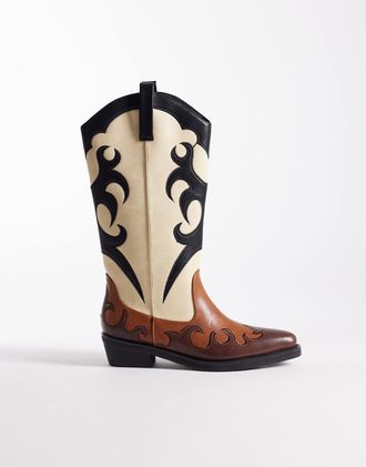 Public Desire Celia - Stivali stile western marroni e crema-Marrone