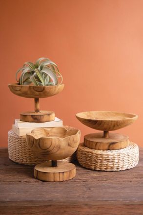 Kalalou Set Of Three Wooden Compotes - One Each Design