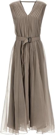 Brunello Cucinelli Beige V-Neck Silk Maxi Dress