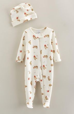 Nordstrom Print Zip Footie & Beanie Set in Ivory- Yellow Honey Bears at Nordstrom, Size Newborn