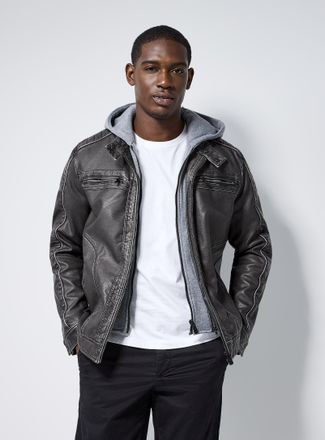 Point Zero Mens Fleece-hooded faux-leather biker jacket