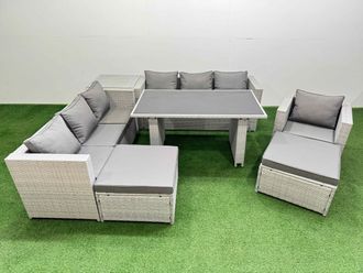 Fimous Patio Garden Furniture Sets with Side Table 2 Big Stool Light Grey