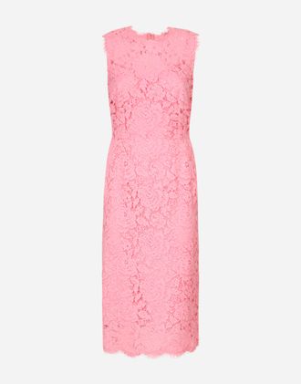 Dolce & Gabbana Branded Stretch Lace Calf-length Dress - Woman Dresses Pink Lace 38