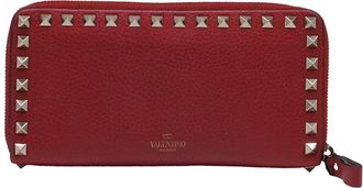 Valentino Burgundy Leather Rockstud Zip Around Continental Wallet