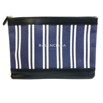 Balenciaga Black Navy Canvas Leather Clutch Bag (Pre-Owned)