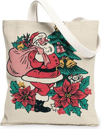 Generic Christmas Santa Canvas Tote Bags, Vintage Holiday Design Reusable Shopping Bags, Festive Floral Lightweight Washable Should, Beige, 13x15 Inch
